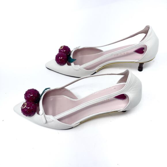GUCCI Cherry Bone White Unia Leather Kitten Bamboo Heels Pointed Toe EU 37 US 7 - Picture 6 of 10